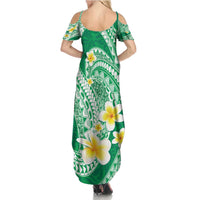 Plumeria Polynesian Green Glitter Pattern Summer Maxi Dress