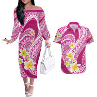 Plumeria Polynesian Pink Glitter Pattern Couples Matching Off The Shoulder Long Sleeve Dress and Hawaiian Shirt
