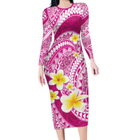 Plumeria Polynesian Pink Glitter Pattern Family Matching Long Sleeve Bodycon Dress and Hawaiian Shirt LT01 Mom's Dress Pink - Polynesian Pride