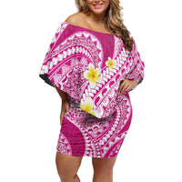 Plumeria Polynesian Pink Glitter Pattern Family Matching Off Shoulder Short Dress and Hawaiian Shirt LT01 Mom's Dress Pink - Polynesian Pride