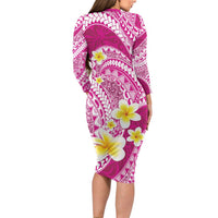 Plumeria Polynesian Pink Glitter Pattern Long Sleeve Bodycon Dress