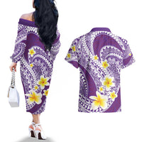 Plumeria Polynesian Purple Glitter Pattern Couples Matching Off The Shoulder Long Sleeve Dress and Hawaiian Shirt