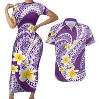 Plumeria Polynesian Purple Glitter Pattern Couples Matching Short Sleeve Bodycon Dress and Hawaiian Shirt LT01 Purple - Polynesian Pride
