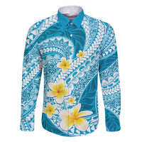 Plumeria Polynesian Sky Blue Glitter Pattern Family Matching Summer Maxi Dress and Hawaiian Shirt LT01 Dad's Shirt - Long Sleeve Sky Blue - Polynesian Pride