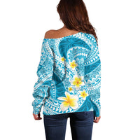 Plumeria Polynesian Sky Blue Glitter Pattern Off Shoulder Sweater LT01 - Polynesian Pride