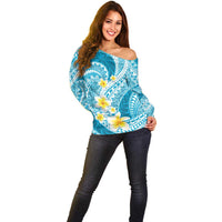 Plumeria Polynesian Sky Blue Glitter Pattern Off Shoulder Sweater LT01 - Polynesian Pride
