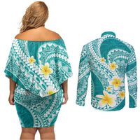 Plumeria Polynesian Teal Glitter Pattern Couples Matching Off Shoulder Short Dress and Long Sleeve Button Shirt