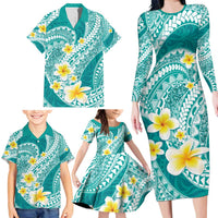 Plumeria Polynesian Teal Glitter Pattern Family Matching Long Sleeve Bodycon Dress and Hawaiian Shirt LT01 - Polynesian Pride