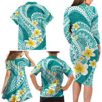 Plumeria Polynesian Teal Glitter Pattern Family Matching Long Sleeve Bodycon Dress and Hawaiian Shirt LT01 - Polynesian Pride