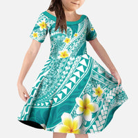 Plumeria Polynesian Teal Glitter Pattern Family Matching Off The Shoulder Long Sleeve Dress and Hawaiian Shirt
