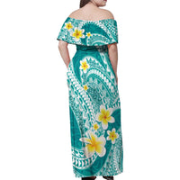 Plumeria Polynesian Teal Glitter Pattern Family Matching Off Shoulder Maxi Dress and Hawaiian Shirt LT01 - Polynesian Pride