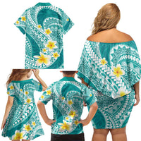 Plumeria Polynesian Teal Glitter Pattern Family Matching Off Shoulder Short Dress and Hawaiian Shirt LT01 - Polynesian Pride