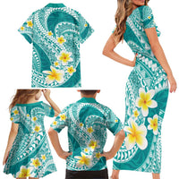 Plumeria Polynesian Teal Glitter Pattern Family Matching Short Sleeve Bodycon Dress and Hawaiian Shirt LT01 - Polynesian Pride