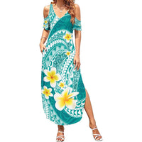Plumeria Polynesian Teal Glitter Pattern Family Matching Summer Maxi Dress and Hawaiian Shirt LT01 Mom's Dress Teal - Polynesian Pride