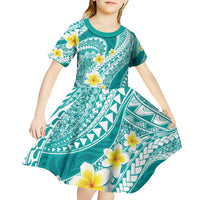 Plumeria Polynesian Teal Glitter Pattern Kid Short Sleeve Dress