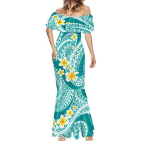 Plumeria Polynesian Teal Glitter Pattern Mermaid Dress