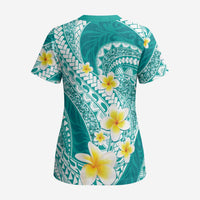Plumeria Polynesian Teal Glitter Pattern Scrub Top - Polynesian Pride