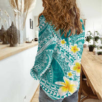 Plumeria Polynesian Teal Glitter Pattern Women Casual Shirt LT01 - Polynesian Pride