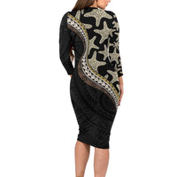 Beige Polynesian Starfish Unique Pattern Family Matching Long Sleeve Bodycon Dress and Hawaiian Shirt LT01 - Polynesian Pride