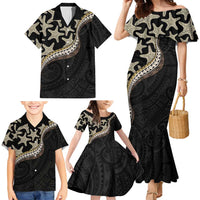 Beige Polynesian Starfish Unique Pattern Family Matching Mermaid Dress and Hawaiian Shirt