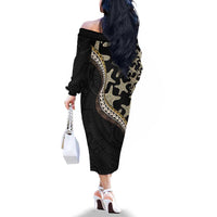 Beige Polynesian Starfish Unique Pattern Family Matching Off The Shoulder Long Sleeve Dress and Hawaiian Shirt LT01 - Polynesian Pride