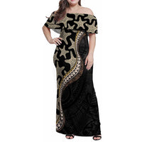 Beige Polynesian Starfish Unique Pattern Family Matching Off Shoulder Maxi Dress and Hawaiian Shirt