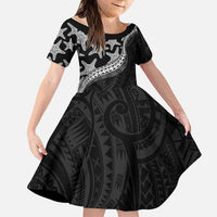 Monotone Polynesian Starfish Unique Pattern Family Matching Short Sleeve Bodycon Dress and Hawaiian Shirt LT01 Daughter's Dress Black - Polynesian Pride
