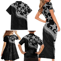 Monotone Polynesian Starfish Unique Pattern Family Matching Short Sleeve Bodycon Dress and Hawaiian Shirt LT01 - Polynesian Pride