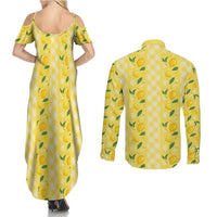 Hawaii Lemon Palaka Couples Matching Summer Maxi Dress and Long Sleeve Button Shirt Striped Stylized LT01 - Polynesian Pride