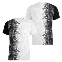 Hawaii Tropical Plant Monochrome Women V-Neck T-Shirt Vibrant Polynesian Pattern LT01 - Polynesian Pride