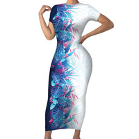 Hawaii Tropical Plant UliUli Short Sleeve Bodycon Dress Vibrant Polynesian Pattern LT01 Long Dress Blue - Polynesian Pride