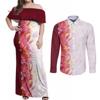 Hawaii Tropical Plant Akala Couples Matching Off Shoulder Maxi Dress and Long Sleeve Button Shirt Vibrant Polynesian Pattern
