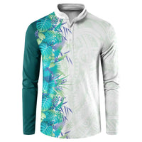 Hawaii Tropical Plant Teal Button Sweatshirt Vibrant Polynesian Pattern