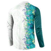 Hawaii Tropical Plant Teal Button Sweatshirt Vibrant Polynesian Pattern