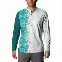 Hawaii Tropical Plant Teal Button Sweatshirt Vibrant Polynesian Pattern