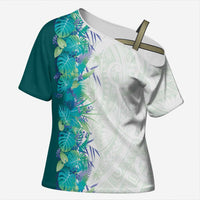 Hawaii Tropical Plant Teal Cross Shoulder Shirt Vibrant Polynesian Pattern