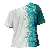 Hawaii Tropical Plant Teal Cross Shoulder Shirt Vibrant Polynesian Pattern