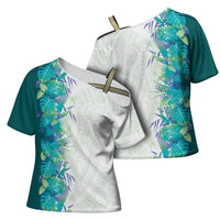 Hawaii Tropical Plant Teal Cross Shoulder Shirt Vibrant Polynesian Pattern