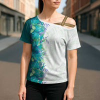 Hawaii Tropical Plant Teal Cross Shoulder Shirt Vibrant Polynesian Pattern