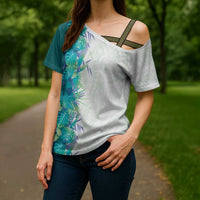 Hawaii Tropical Plant Teal Cross Shoulder Shirt Vibrant Polynesian Pattern