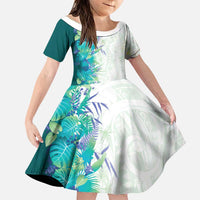 Hawaii Tropical Plant Teal Family Matching Short Sleeve Bodycon Dress and Hawaiian Shirt Vibrant Polynesian Pattern LT01 Daughter's Dress Teal - Polynesian Pride
