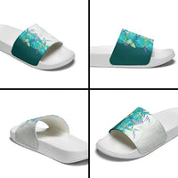 Hawaii Tropical Plant Teal Slide Sandals Vibrant Polynesian Pattern