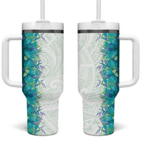 Hawaii Tropical Plant Teal Tumbler With Handle Vibrant Polynesian Pattern
