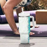 Hawaii Tropical Plant Teal Tumbler With Handle Vibrant Polynesian Pattern