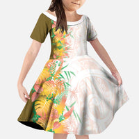 Hawaii Tropical Plant Lenalena Family Matching Short Sleeve Bodycon Dress and Hawaiian Shirt Vibrant Polynesian Pattern LT01 Daughter's Dress Yellow - Polynesian Pride