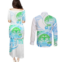 Kia Ora Maori New Zealand Pastel Couples Matching Puletasi Dress and Long Sleeve Button Shirt Sun Ta Moko Aqua Green Version LT01 - Polynesian Pride