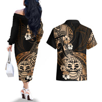 Aotearoa Kia Ora New Zealand Ta Moko Gold Version Couples Matching Off The Shoulder Long Sleeve Dress and Hawaiian Shirt LT01 - Polynesian Pride