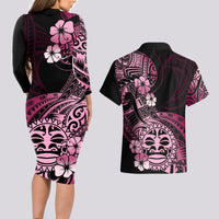 Aotearoa Kia Ora New Zealand Ta Moko Pink Version Couples Matching Long Sleeve Bodycon Dress and Hawaiian Shirt LT01 - Polynesian Pride