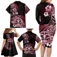 Aotearoa Kia Ora New Zealand Ta Moko Red Version Family Matching Long Sleeve Bodycon Dress and Hawaiian Shirt LT01 - Polynesian Pride