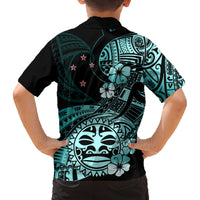 Aotearoa Kia Ora New Zealand Ta Moko Turquoise Version Family Matching Off Shoulder Long Sleeve Dress and Hawaiian Shirt LT01 - Polynesian Pride